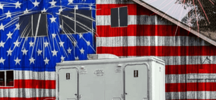 Restroom Trailer In front of the Flag