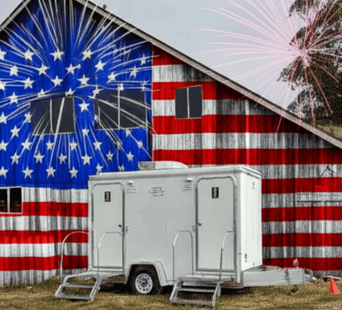 Restroom Trailer In front of the Flag
